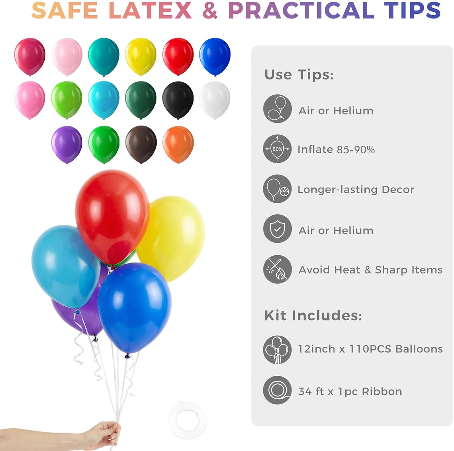 LovesTown 110 PCS Assorted Colors Balloons, 12 Inch Bright Rainbow Latex Balloons for Birthday Bridal Shower Wedding Carnival Party Decorations