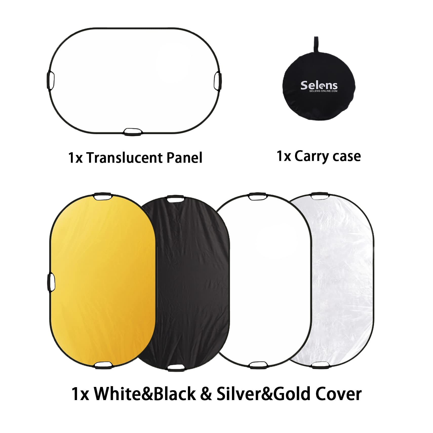 5 en 1 Reflector de Luz Oval 100x150CM Plegable Portátil con Asa Iluminación Estudio Fotográfico Fotografía al Aire Libre, Color Negro, Blanco, Oro, Plata, Translúcido