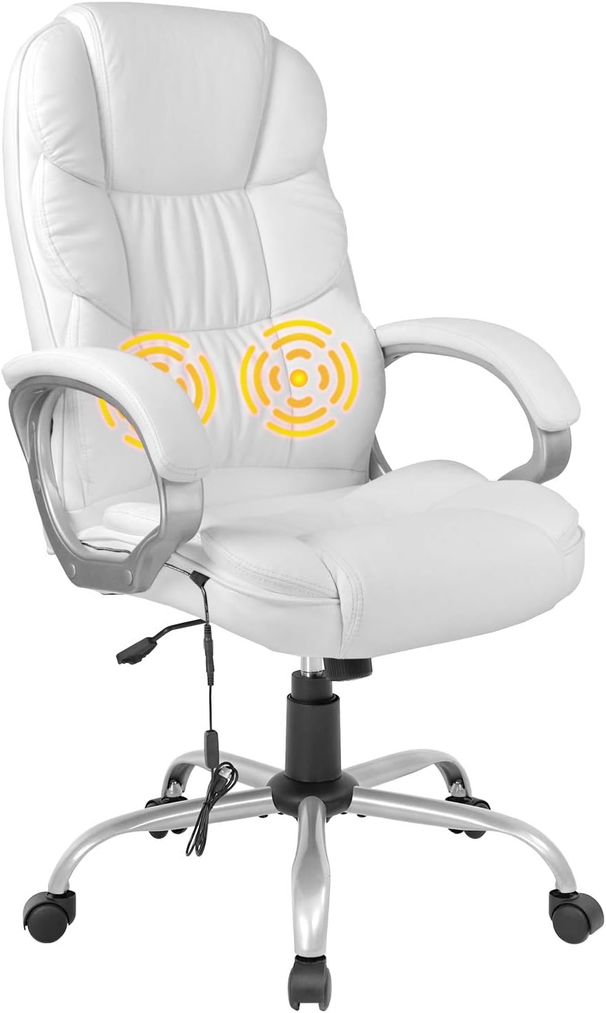 BestOffice Ergonomic White Faux Leather Executive Chair with Lumbar Support, Massage Vibration, Swivel, and Armrests for Home or Office Use product image