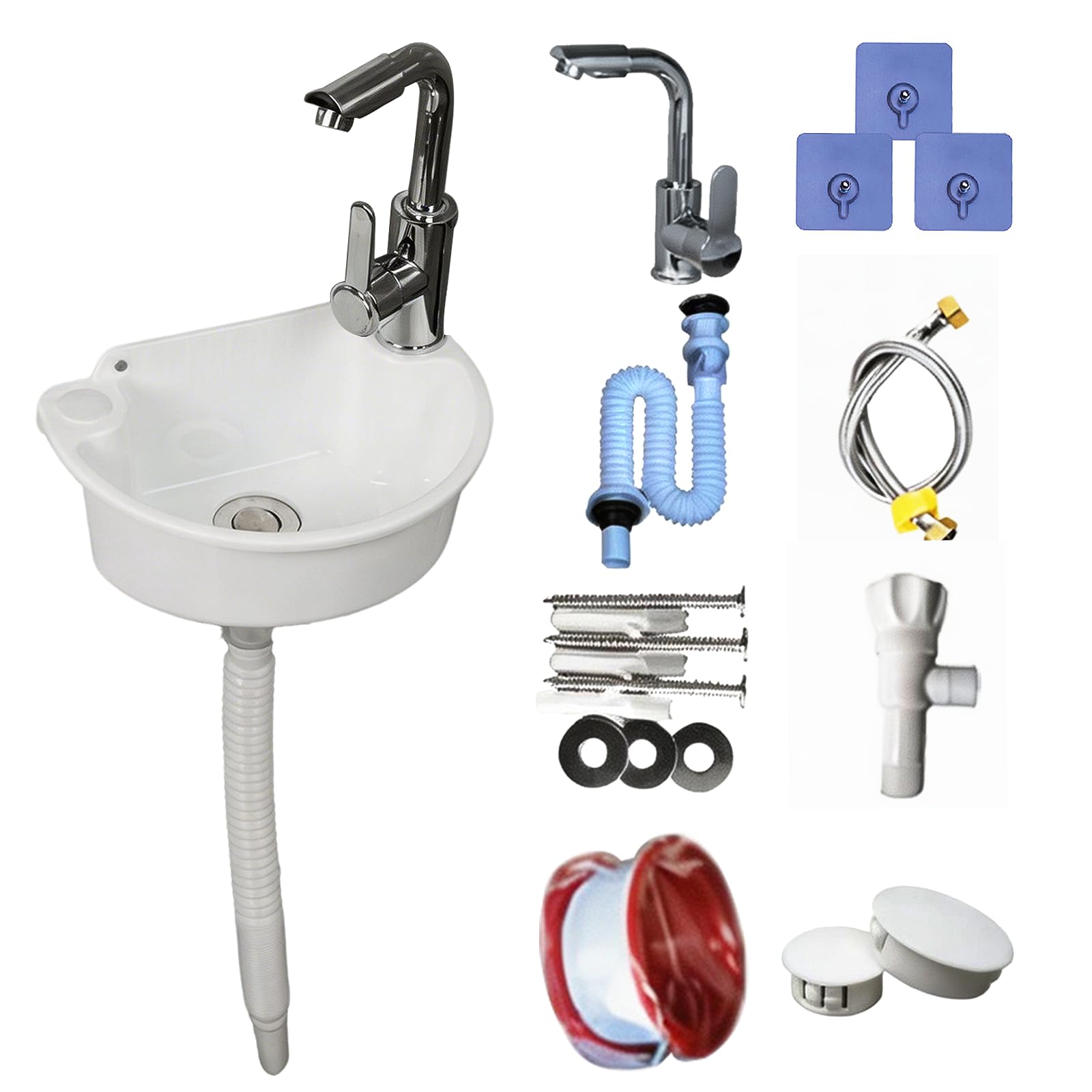 Lavabo de Pared Plástico con Grifo Mezclador, Kit Completo para Baño Jardín Camping Blanco