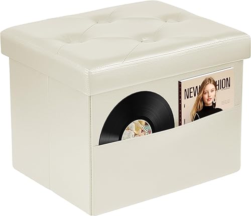 AmasSmile Otomana de almacenamiento, taburete reposapiés con bolsillo lateral, banco de cuero de 17 pulgadas, taburete otomano corto, almacenamiento