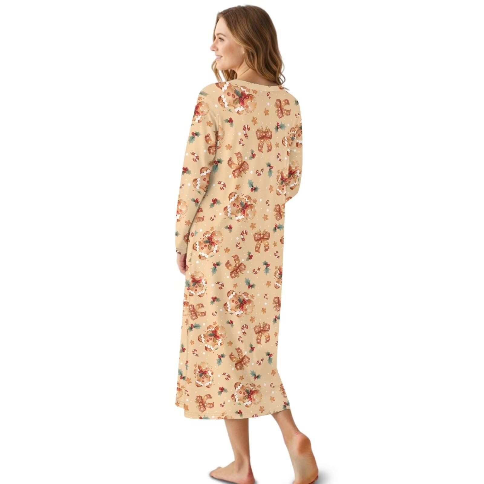 Damskie koszule nocne pełna długość bielizna nocna sukienka Henley Neck koszula nocna miękka odzież domowa do spania, Świąteczny piernikowy człowiek, 4XL