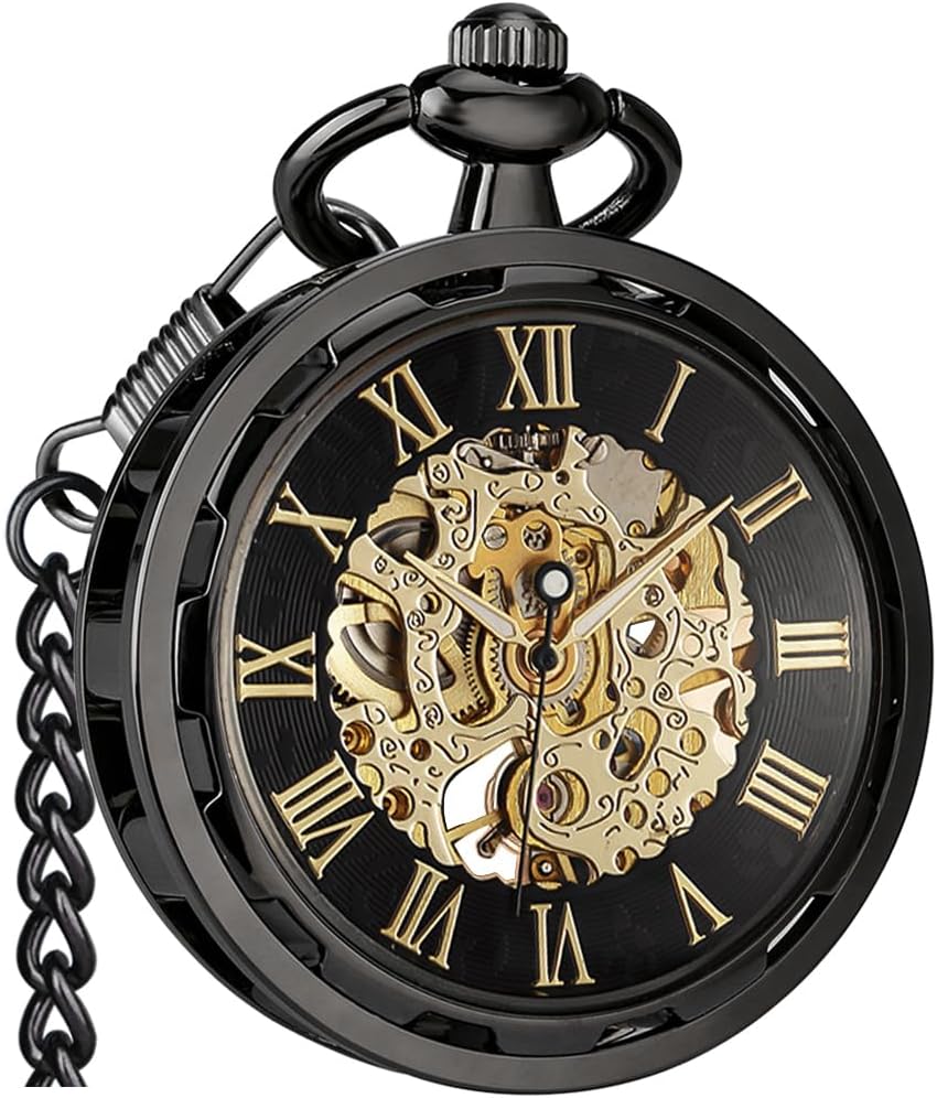 VIGOROSO メンズ クラシック スチームパンク 懐中時計 チェーン付き スケルトン 手巻き 機械式懐中時計 男女兼用, ブラッ
