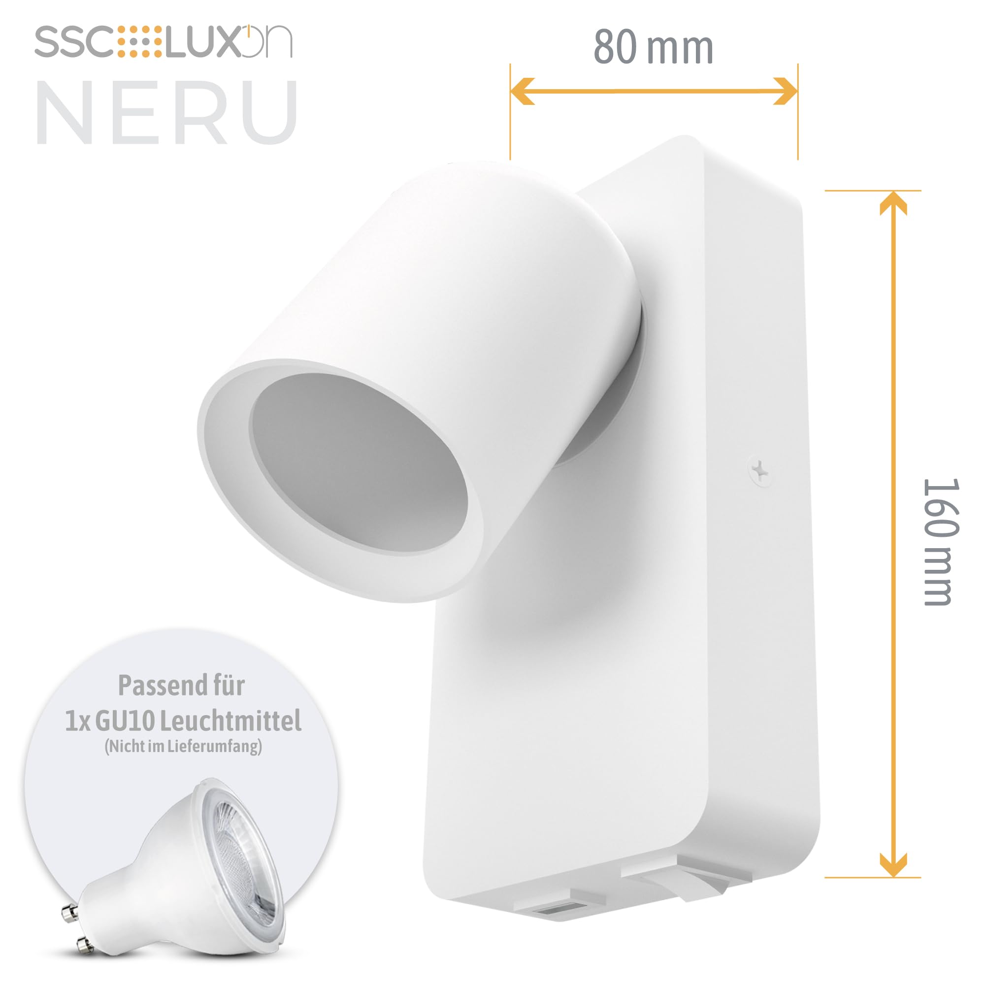 SSC-LUXon NERU Wandleuchte 2er Set weiß GU10 USB drehbar ohne Leuchtmittel | Zwei weiße Wandleuchten mit USB-Anschluss & Schalter - drehbarer Kopf, ideal als Leselampe am Bett & Flurlicht, ohne LED