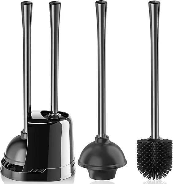 LOVLOY Toilet Plunger and Brush, Silicone Bowl Brush and Heavy Duty Toilet Plunger Set with Ventilated Holder, 2-in-1 Toilet Brush and Plunger Combo for 5.3-inch Toilet Drain Bathroom Cleaning