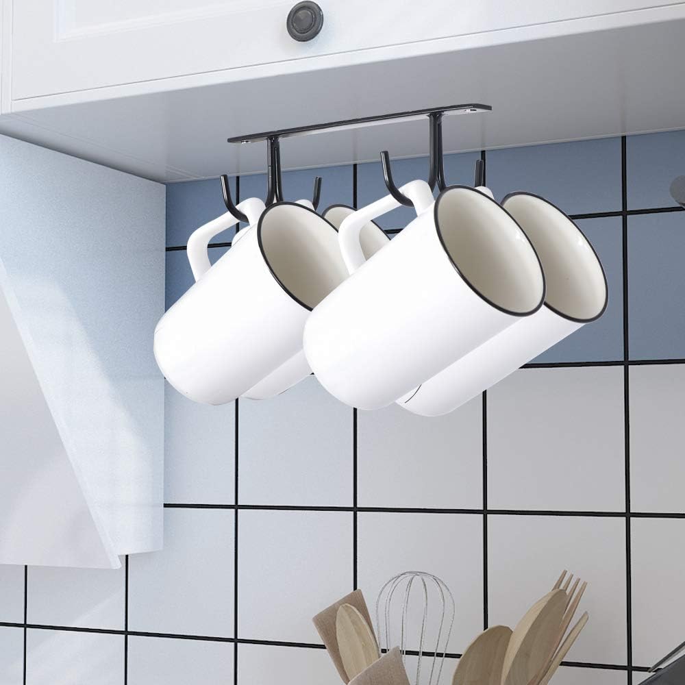 4 Sets Mug Holder Rack Under Cabinet, Shelf, with 16 Hanging Hooks for Mugs, Coffee Cups and Kitchen Utensils Display (Black)