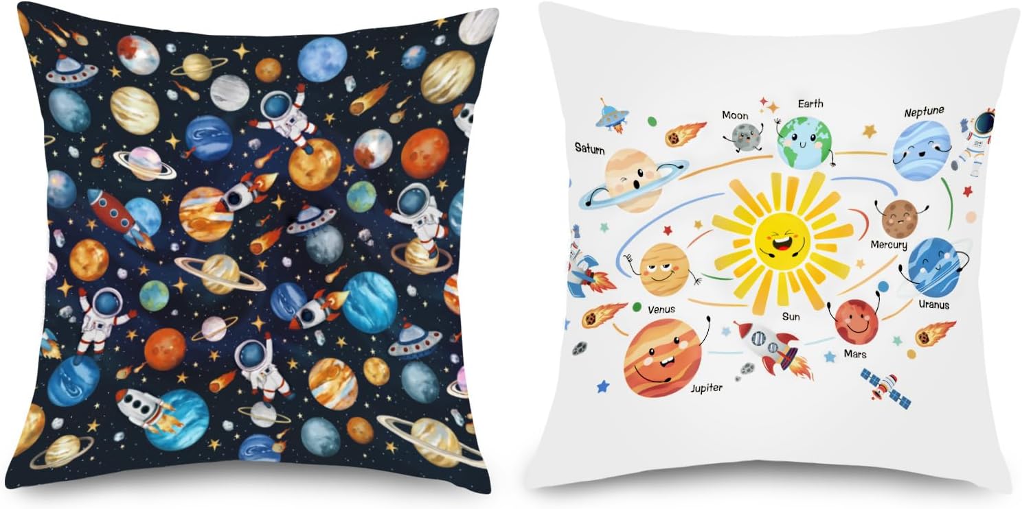 18x18 Set of 2 Space Astronaut Rocket Throw Pillow Cushion Covers
