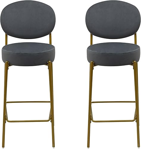 Miniatura 9 de Taburetes de bar modernos de terciopelo de 29 pulgadas con respaldo y reposapiés, juego de 2 sillas de comedor redondas para encimera de cocina