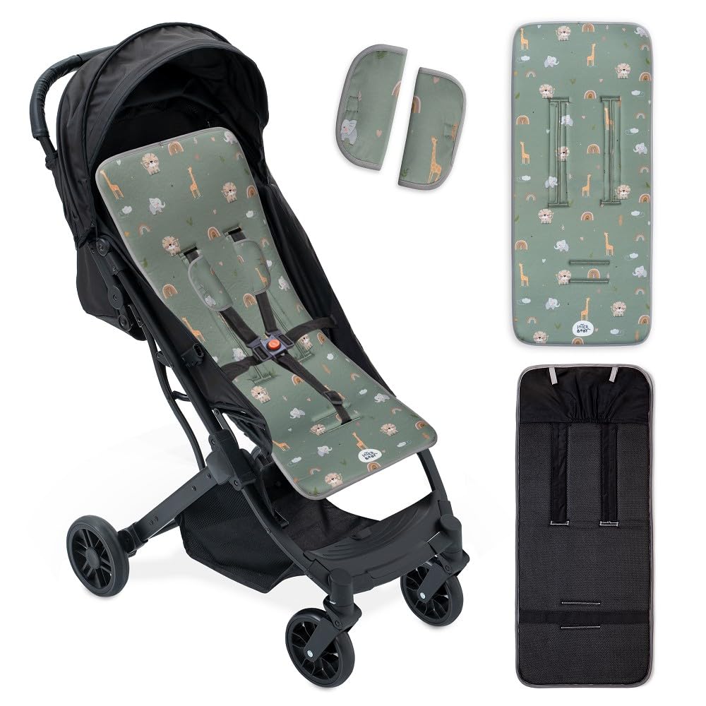 Interbaby Materassino per passeggino universale per estate | Safari verde | traspirante e confortevole | copertura per passeggino 100% cotone, 84 x 34 cm, protezioni per imbracatura