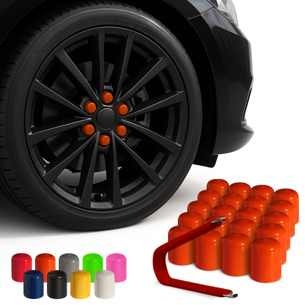 ColorLugs Vinyl Lug Nut Cover | Orange | Flexible Fit Wheel Lug Nut Cap | Fits 17 mm | Pack of 25 | Includes Deluxe Extractor | Made in The USA