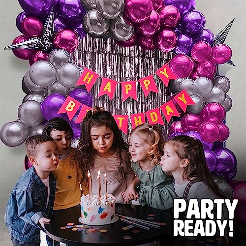 Image of Just Party Set of 60 Pcs - 15 Pink 15 Silver & 15 Purple Metallic Balloons, Pink Happy Birthday Banner, 2 Silver Curtains Theme Backdrop