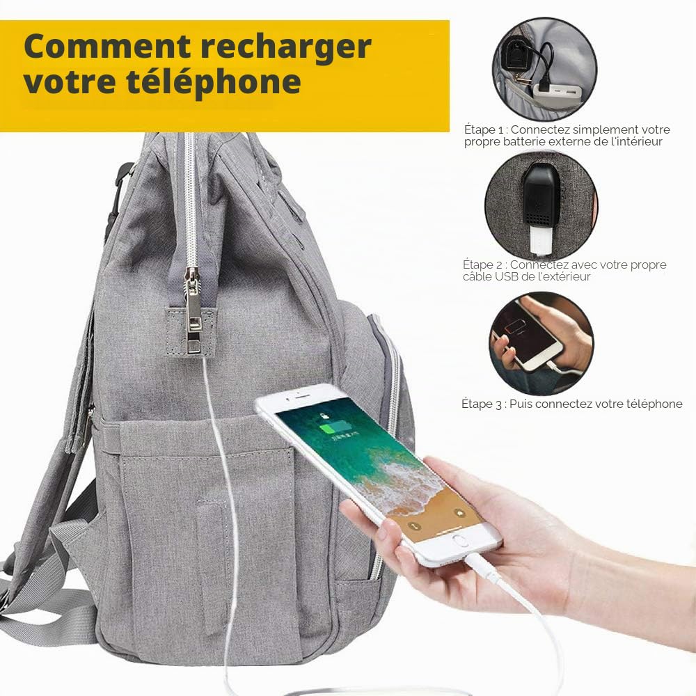 Sac à dos à langer pour bébé, sac à langer multifonction étanche avec port USB pour maman et papa, grande capacité