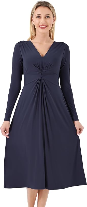 Womens Long Sleeve Dress V Neck Fall Casual Floral Dresses High Waist Dress-Viscose from Bamboo S-XXL