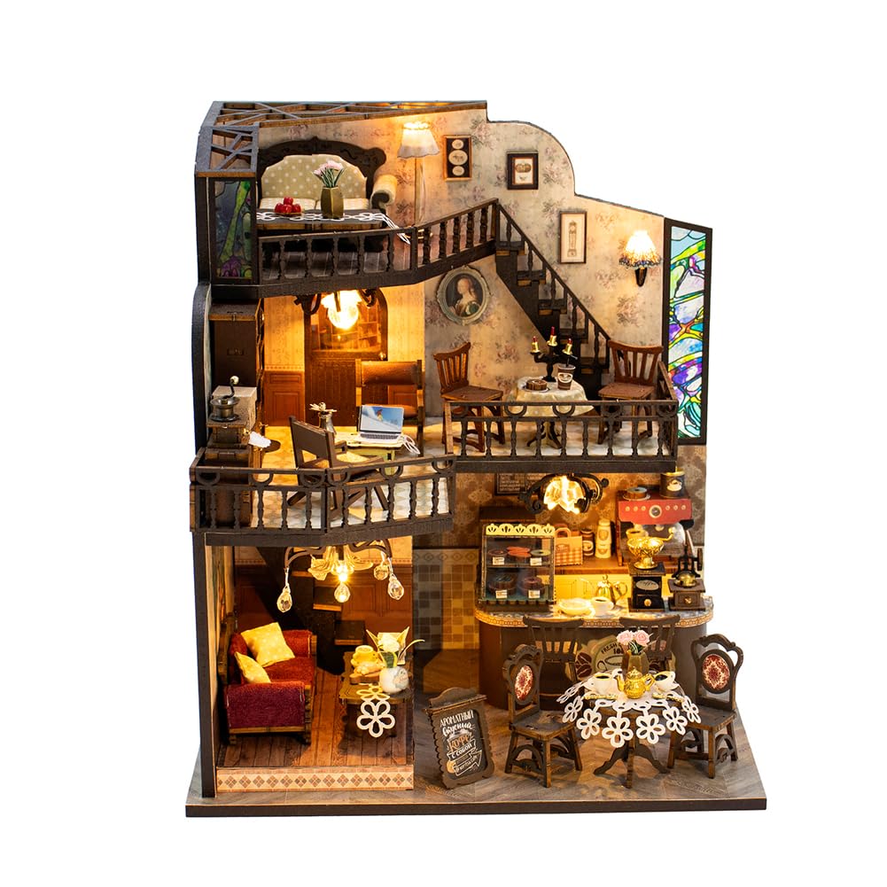 Kit di costruzione per una casa delle bambole fai da te, caffetteria a tre piani fatta a mano con mobili per la casa delle bambole, illuminazione e accessori, regalo creativo per Natale o compleanno