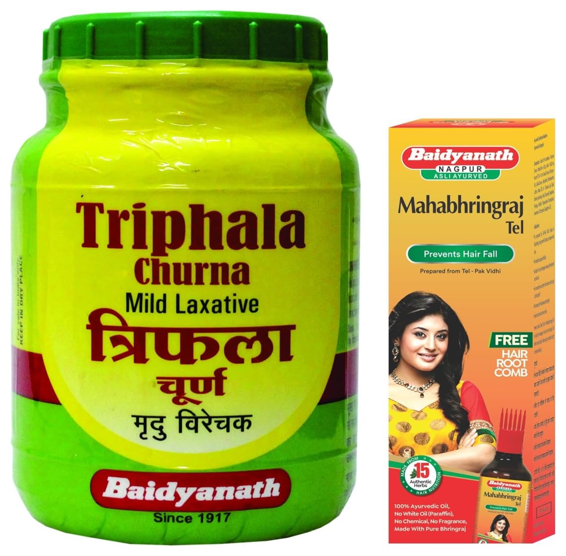 Baidyanath Asli Ayurved Mahabhringraj Tel - 200 Ml & Baidyanath Nagpur Triphala Churna, Vitamin C, Oil Iron & Zinc, Natural,Pack Of 500 G