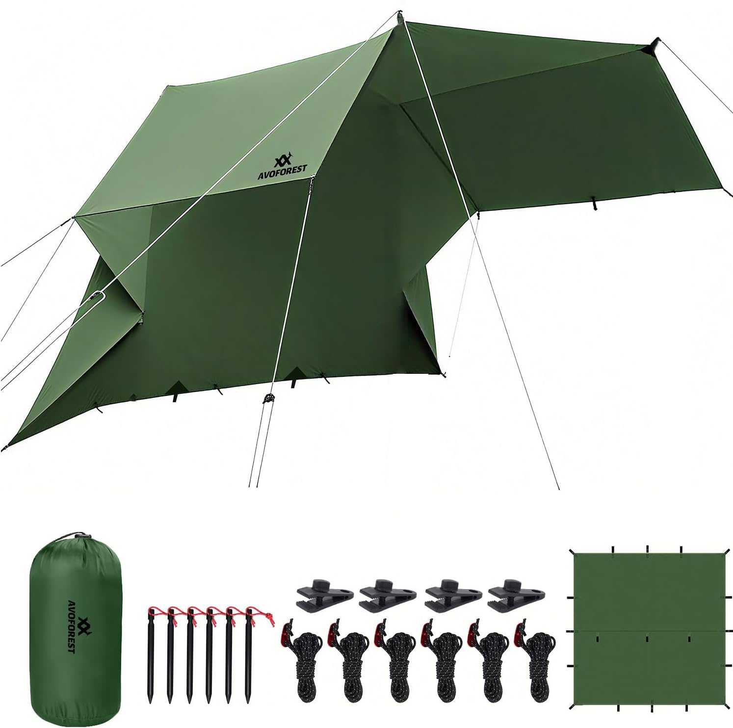 Lona impermeable 3 x 3, lona ultraligera, lona de camping con 19 ojales, pasadores de aluminio, cuerdas de nailon, clips para tiendas de campaña, anti UV, nieve y lluvia, para camping