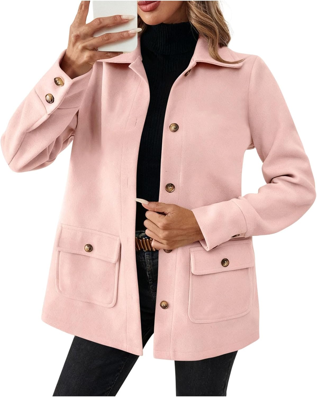 Lmdudan Women Wool Blend Pea Coat Casual Dressy Work Office Woolen Jacket Single Breasted Lapel Trench Coats with Pockets