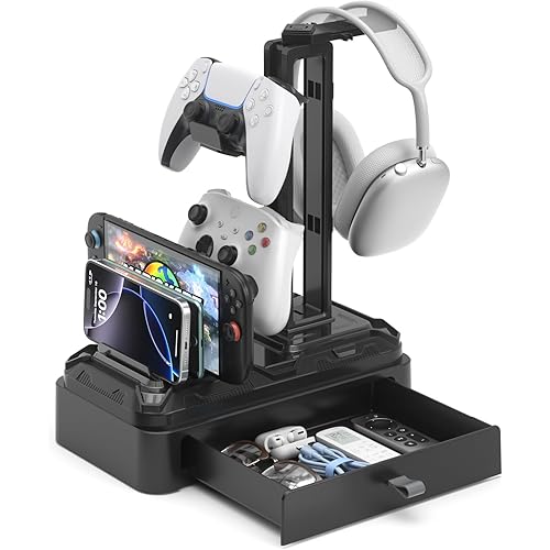 KDD Headphone Stand with Drawer - Rotatable Headset & Detachable Controller Holder for Desk - Multifunctional Organizer with Device Slot for Phones, Tablets - Universal for Gaming Accessories