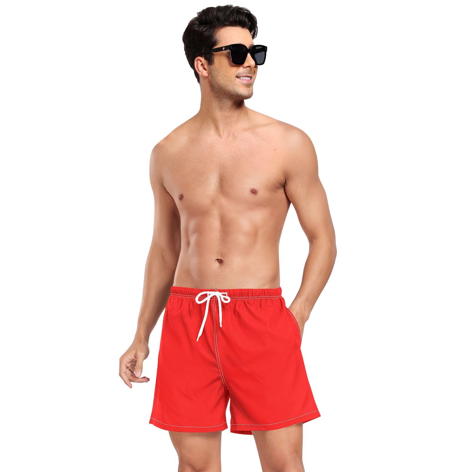 Red Solid Color Pure PlainMens Swimwear Trunks Men's Double Layer Workout Running Shorts with Compression Liner Board Swimming Shorts Quick Dry