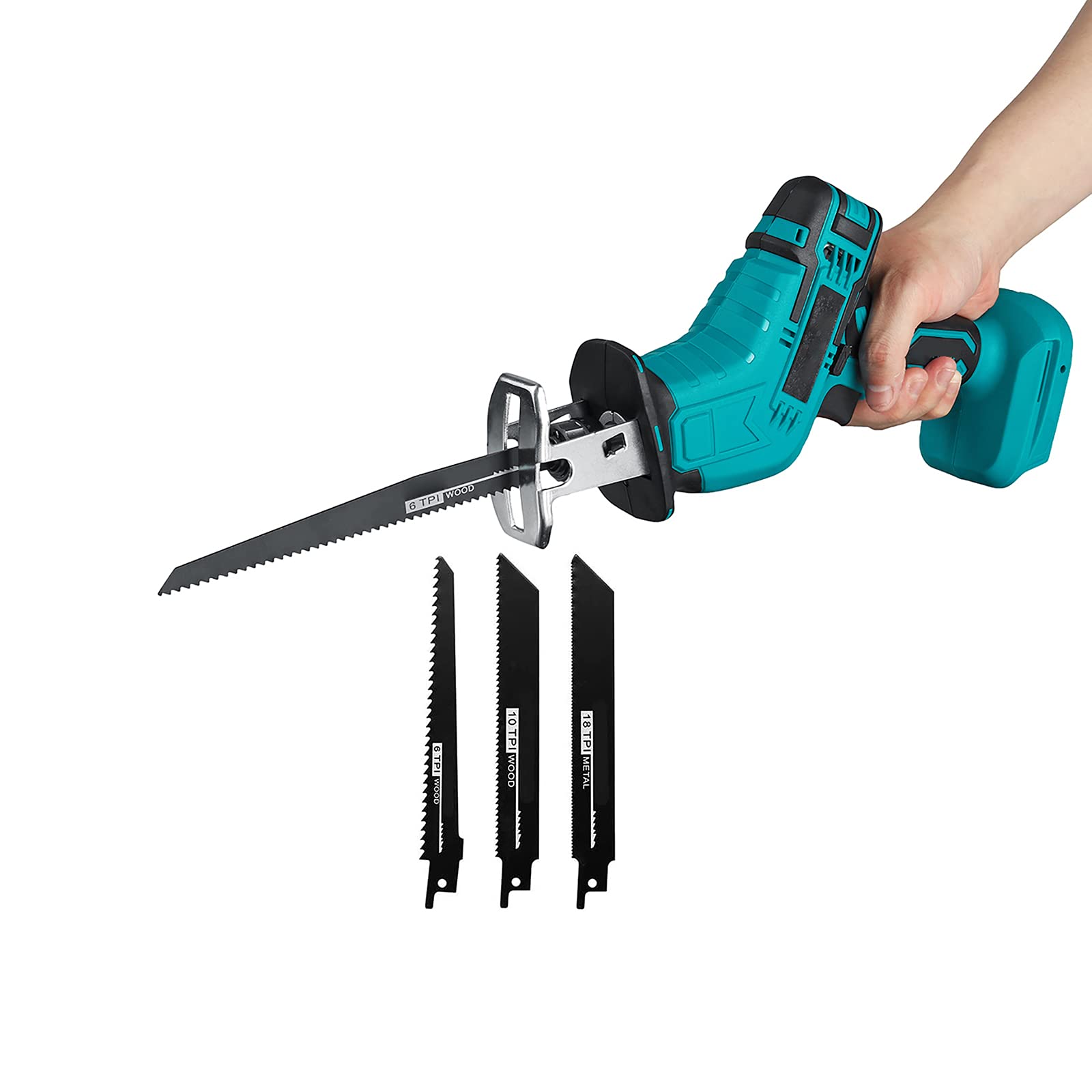 Sierra recíproca, sierra recíproca inalámbrica de 18 v Sierra recíproca portátil con 4 hojas de sierra Sierra recíproca eléctrica de una mano 0-4000 rpm para corte de metal/madera/pvc tubería