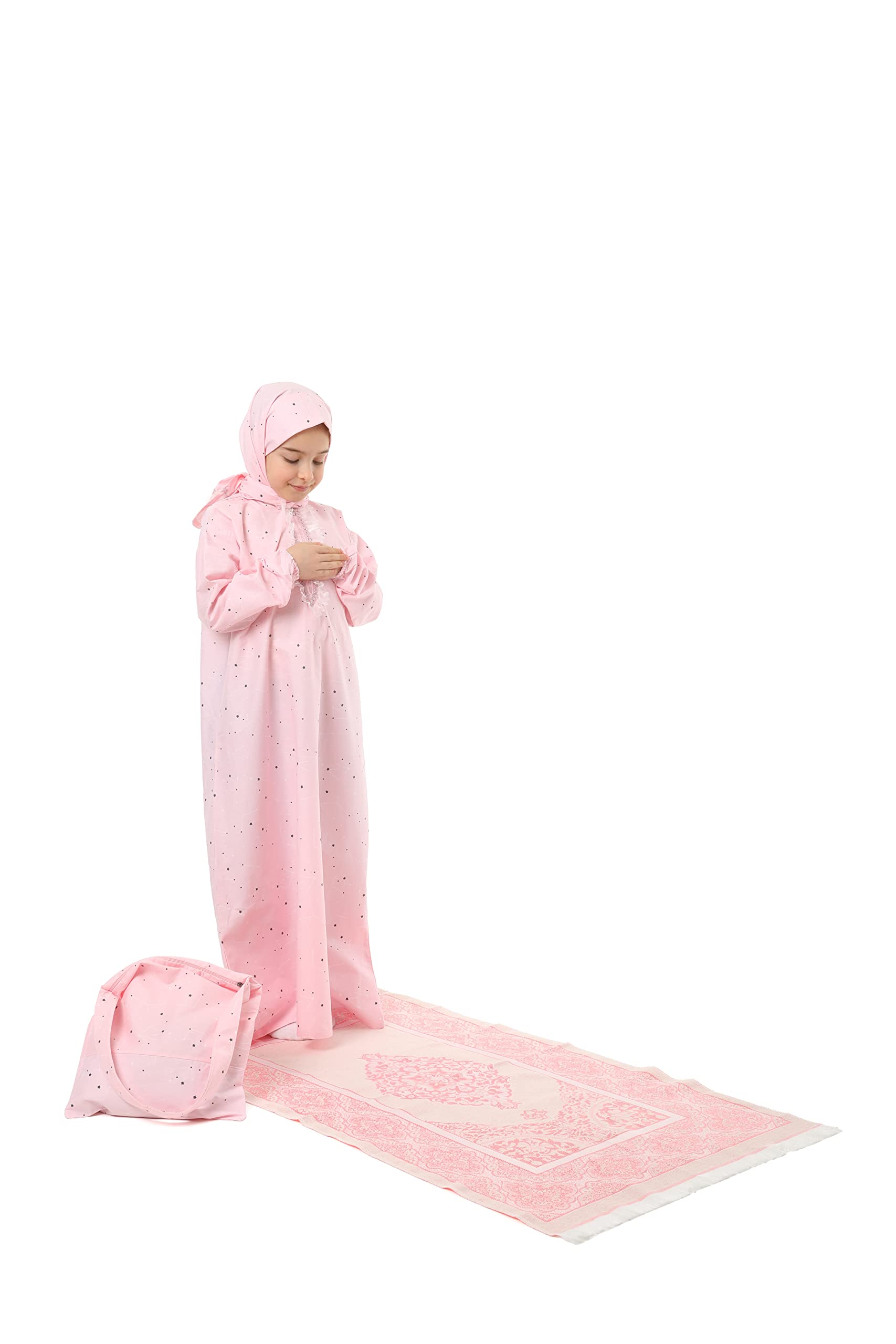 Girls odzież modlitewna dla dzieci odzież islamska 4-częściowy zestaw odzież modlitewna zapinana na zamek sukienka maxi z szalikiem na głowę, matą modlitewną, torbą i prezentem różańcowym z nadrukiem gwiazdy