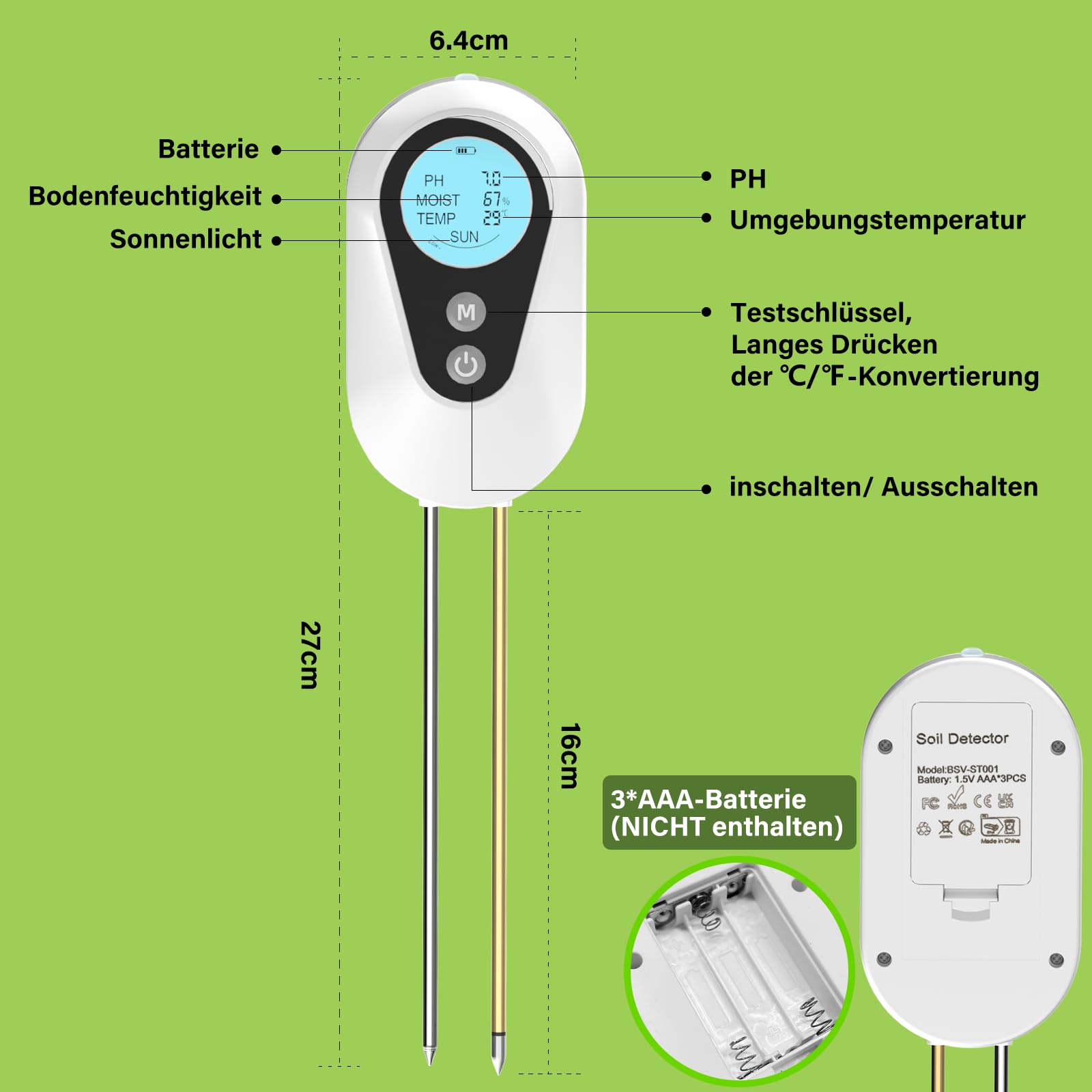 BURMONG Tester wilgotności roślin, 4 w 1, wilgotność roślin z wilgotnością/pH/temperaturą/światłem słonecznym, tester pH gleby do ogrodnictwa, rolnictwa i roślin ogrodowych
