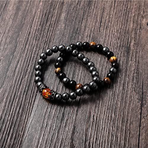Yolev Set Da 2 Bracciali Uomo E Donna - Occhio Di Tigre, Ematite E Ossidiana Nera - 8mm, Portafortuna E Prosperità