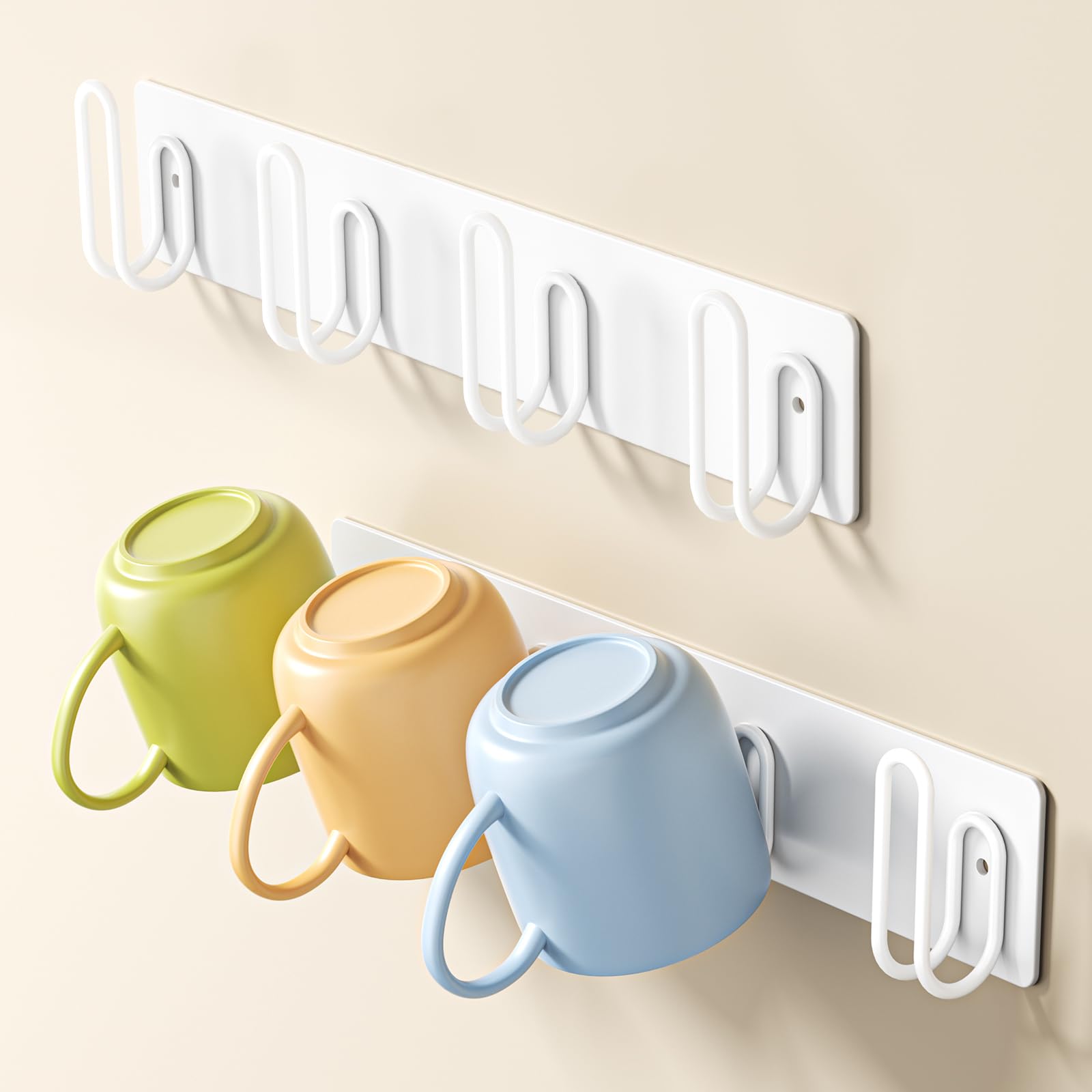 LOXSUN Mug Holder Wall Mounted, Coffee Cup Holder with 4 Mug Hooks, Metal Cup Hanger Mugs Display Rack, Mugs Storage Organizer for Kitchen Dining Room Coffee Bar, White