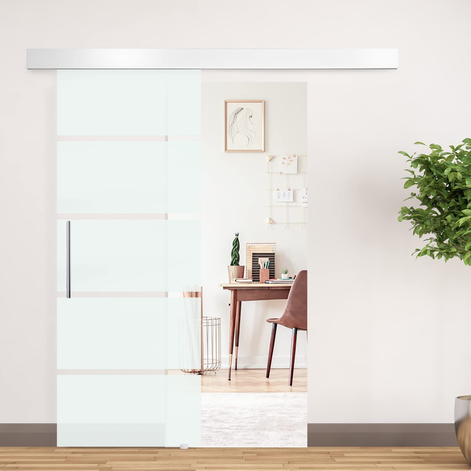 Homcom Porta Scorrevole in Vetro a Strisce con Binario in Alluminio, 75 x 210cm