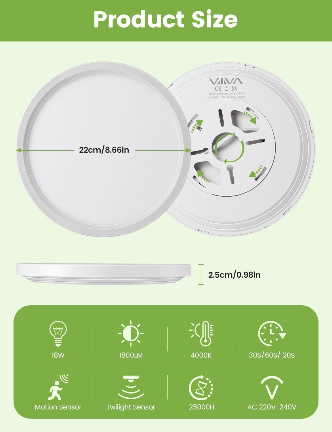 Lampa Sufitowa LED 18W z Czujnikiem Ruchu i Czujnikiem Zmierzchu, 1800 LM Ultracienka Okrągła Lampa Sufitowa Ø23, 3000K/4000K/6500K, do wnętrz, korytarza, schodów, kuchni, garażu