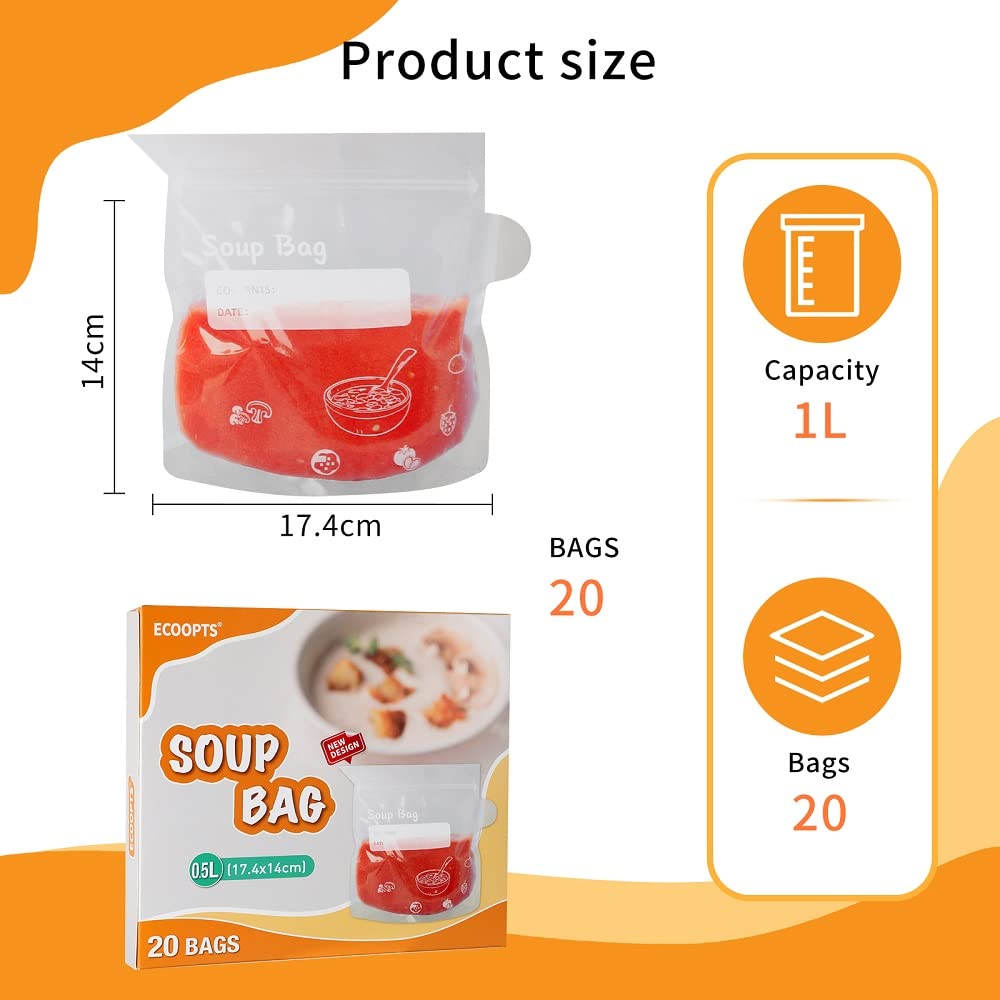 Bolsas de sopa, bolsas de líquidos para congelador, bolsas de curry gruesas y duraderas para almacenar sopas, salsas y batidos en el congelador.