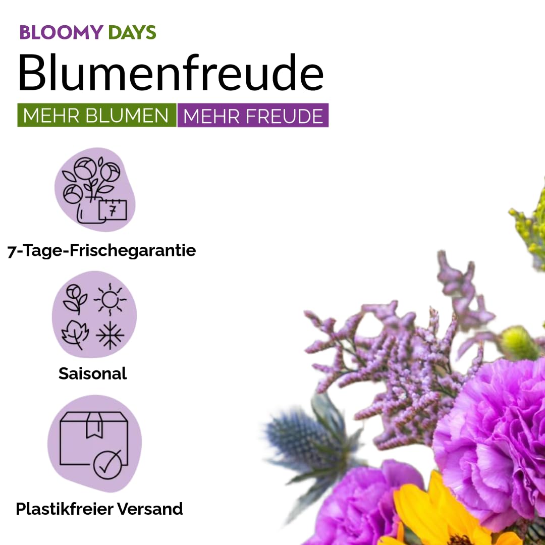 BLOOMY DAYS Blumenstrauß "Sonnengruß" in GelbViolett, mit Disteln, Limonium und Nelken, 7-Tage-Frischegarantie, Floristen-Qualität, das perfekte Geschenk bestellen