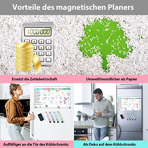 POPRUN Magnetisch Familie Haushaltsplaner, Wochenplan und Putzplan, Magnettafel Kühlschrank,Aufgabenplan für Haushalt,2 Monatsplaner,Terminplaner wiederverwendbar, 43×28 cm auf Deutsch