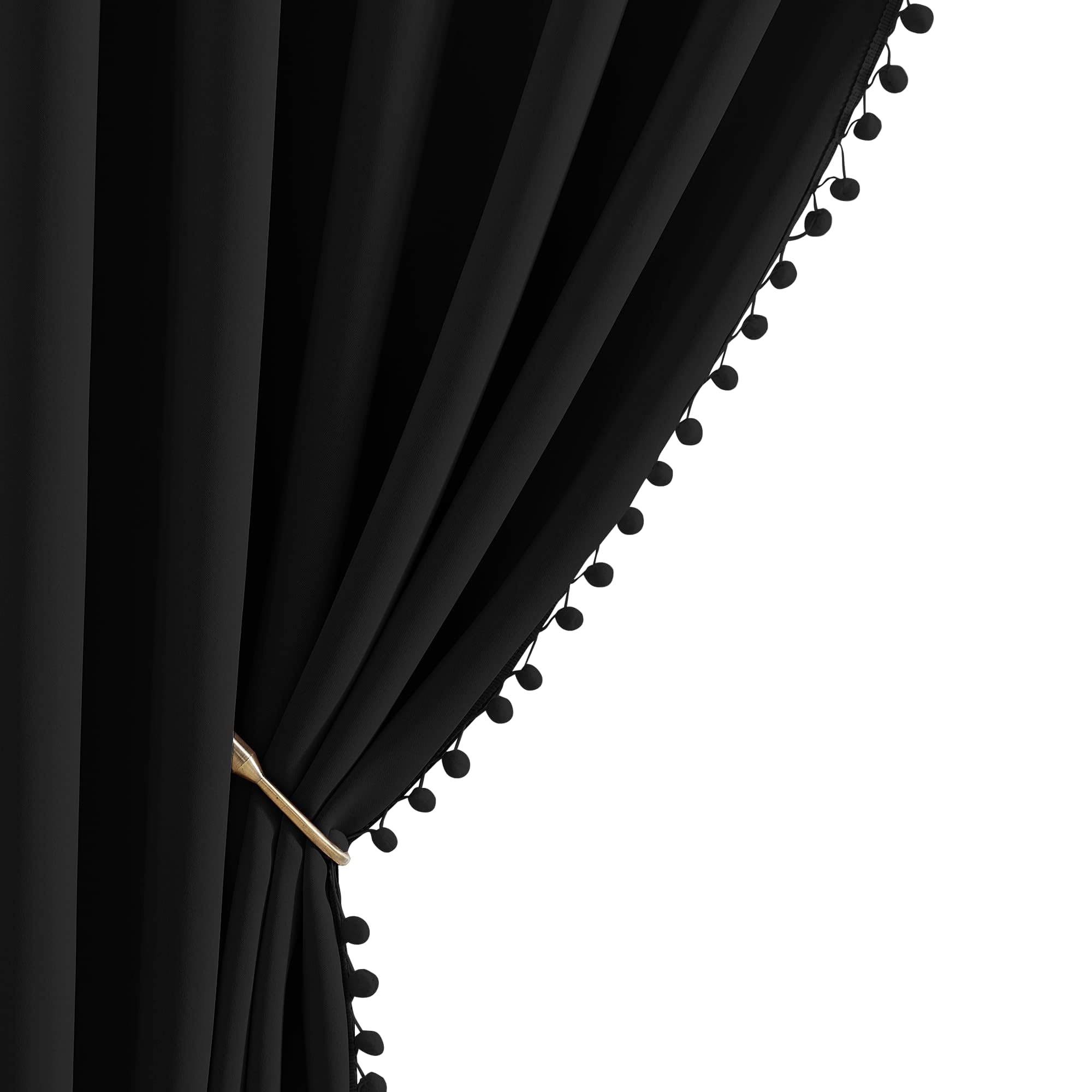 NICETOWN 2 Panels Blackout Curtains, Rod Pocket Jet Black Pom-poms Curtain Drapes, Thermal Insulated Bohemian Style Drapes for Playroom, Kitchen, Nursery Room, 42 inches Wide by 63 inches Long