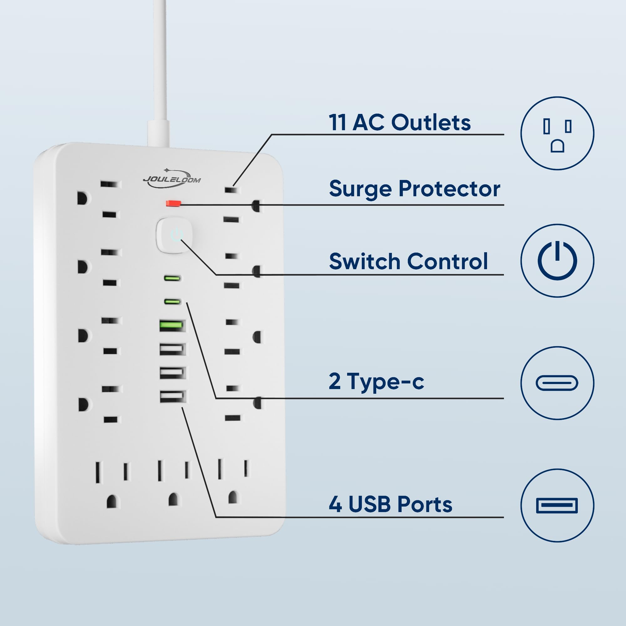 JouleLoom Überspannungsschutz-Steckdosenleiste mit flachem Stecker, 11 mehrere AC-Steckdosen mit 6 USB-Ports (2 USB C), 1,8 m Verlängerungskabel, 1250 W/10 A, One-Touch-Schalter-Taste, 17-in-1