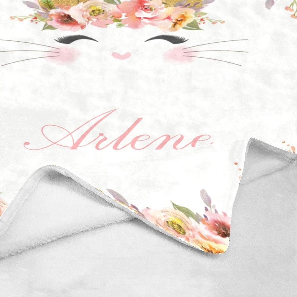 Kitty Cat Princess Floral Personalized Receiving Baby Blankets for Girls Boys with Name,Customized Swaddle Blankets Gift for Newborn Crib Infants 30x40 Inches