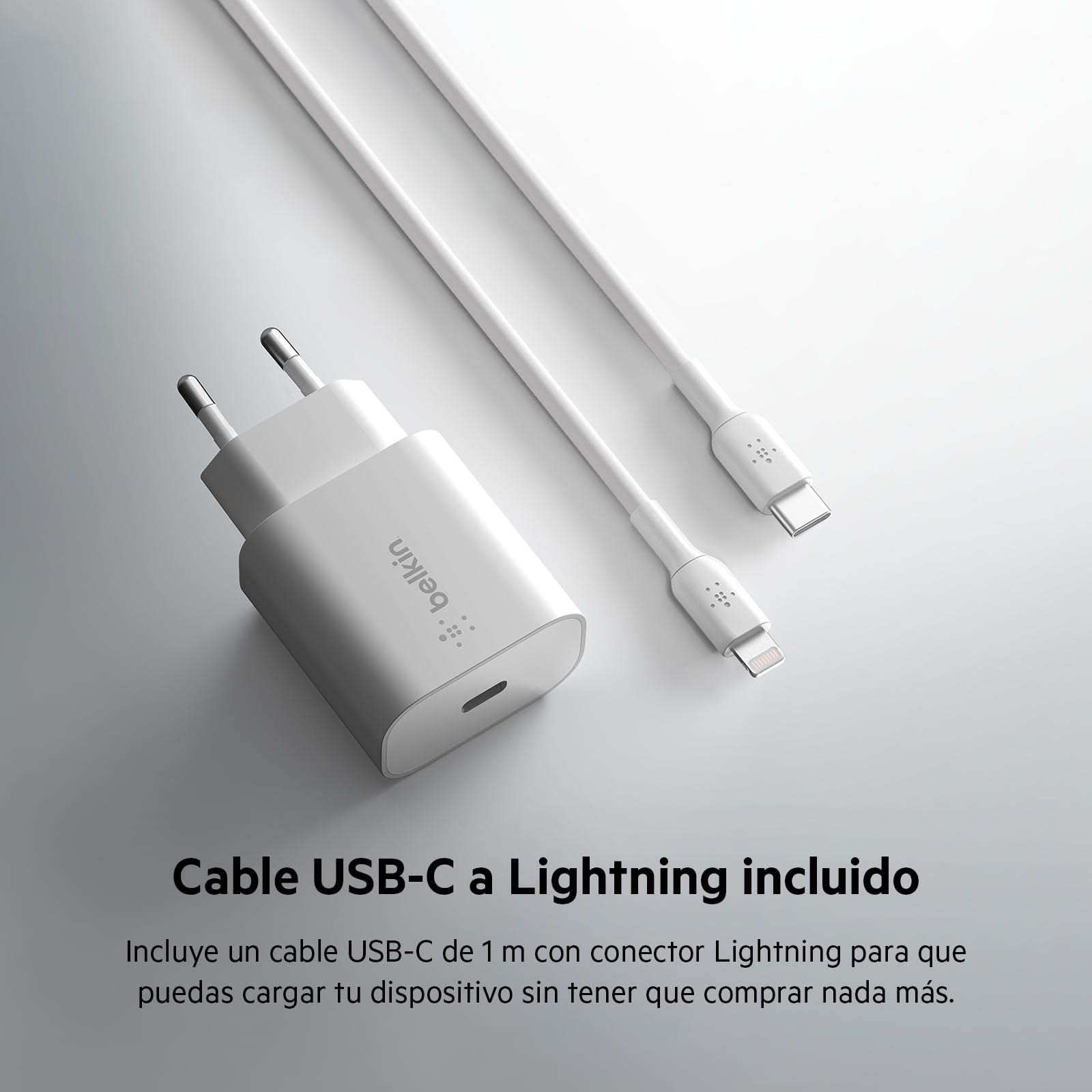 Belkin Cargador de Pared USB-C Power Delivery PPS de 25 W con Cable USB-C a Lightning (MFi), Adaptador de Carga Rápida USB Tipo C PD con PPS para iPhone 14/14 Plus, 13, 12, Pro, Pro Max, Mini y Otros