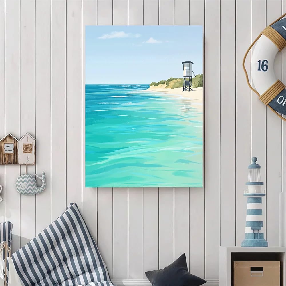 GKUVBF Affiche sur toile, vue sur la plage et l'océan, tour de sauveteur, scène d'été, impression d'art sur toile, décoration intérieure (60 x 80 cm/cadre intérieur)