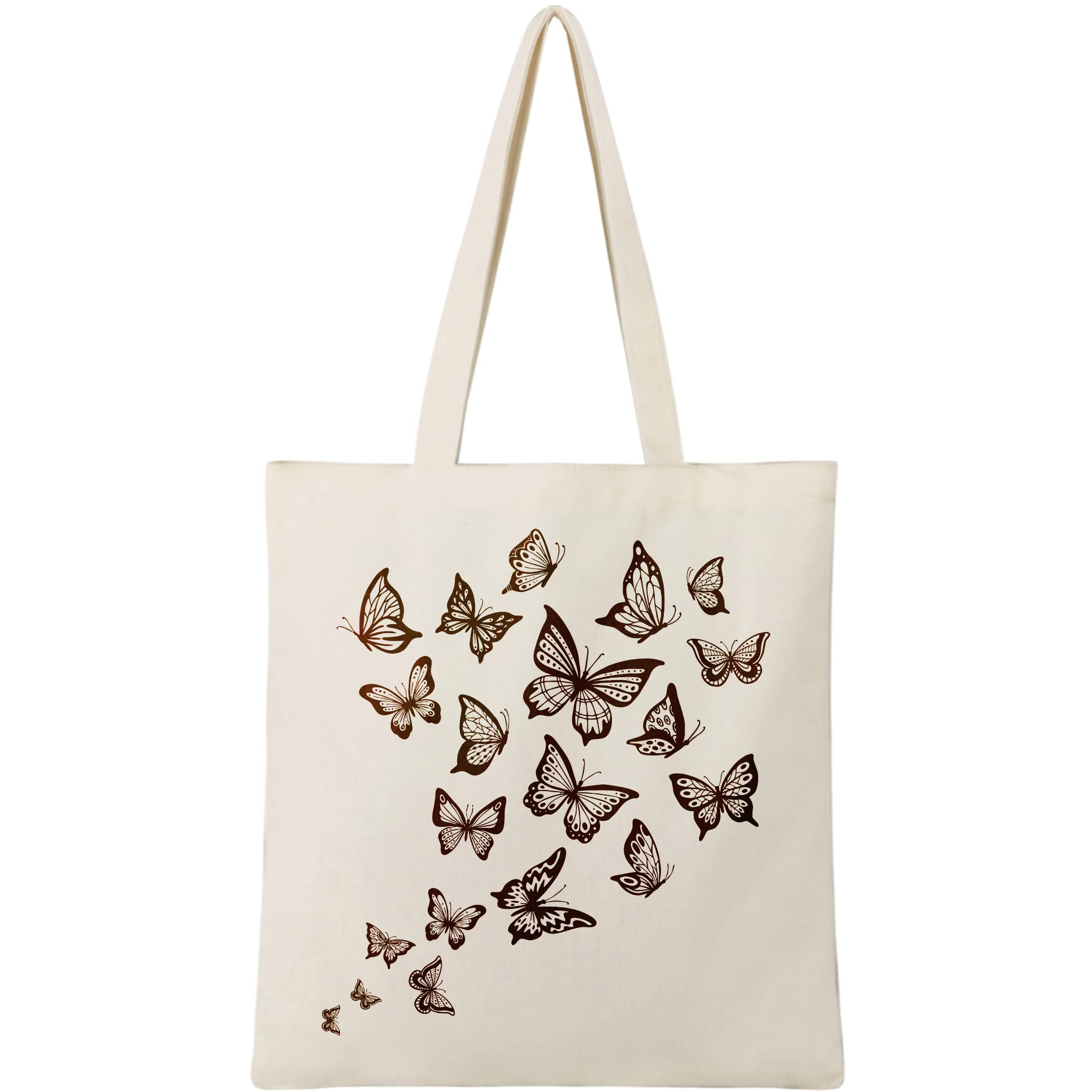 BeeGreenBeeGreen 12 oz Canvas Tote Bag Aesthetic Tote Bag for Women Teacher Shopping Gift Bag for Mother's Day, Natural- Black Butterfly, 均码, Black Butterfly