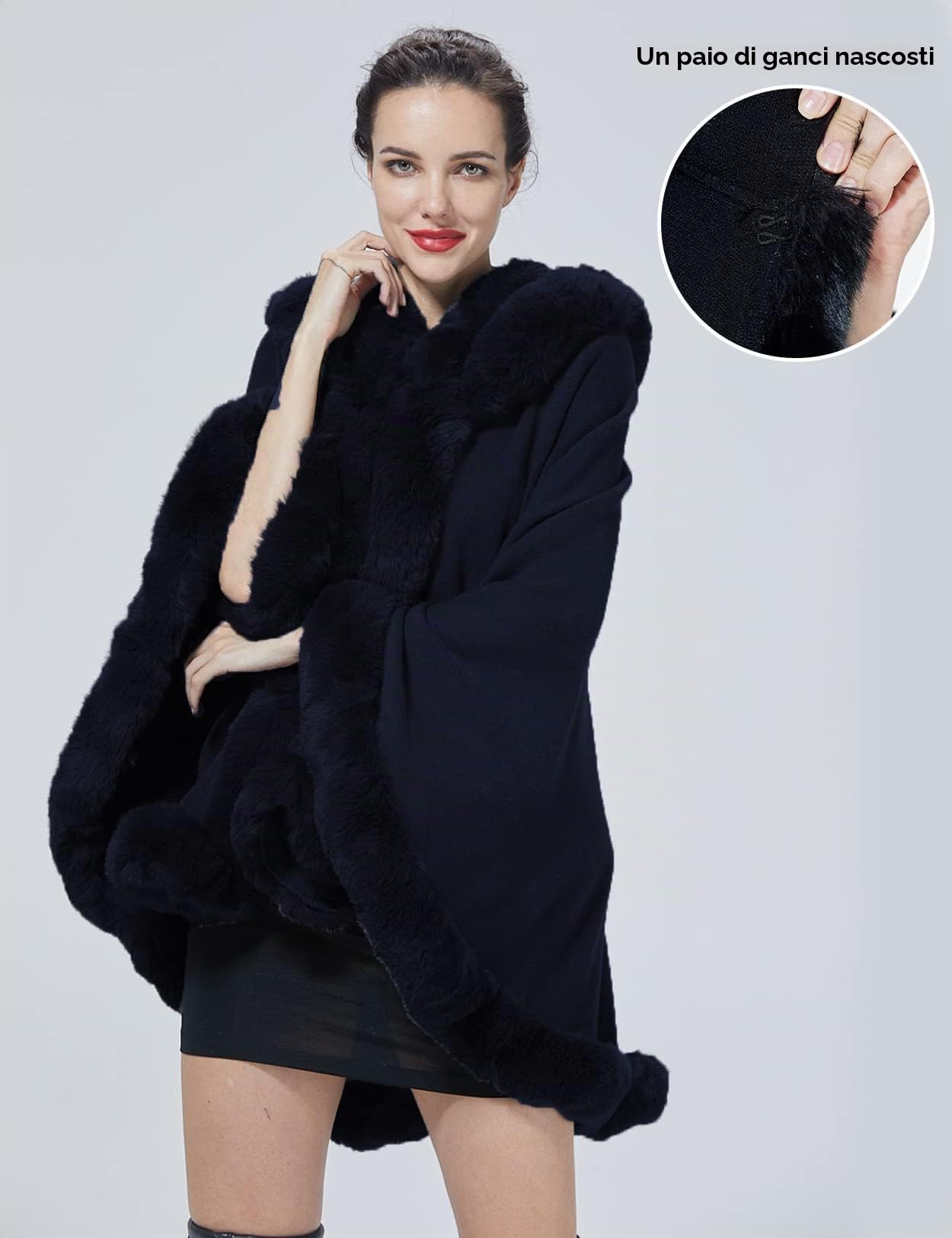 BEAUTELICATE Poncho Mantella di Pelliccia Sintetica con Cappuccio Donna Stola Scialle Cardigan Caldo Lavorata a Maglia con Collo per Invernale Nozze Matrimonio Festa