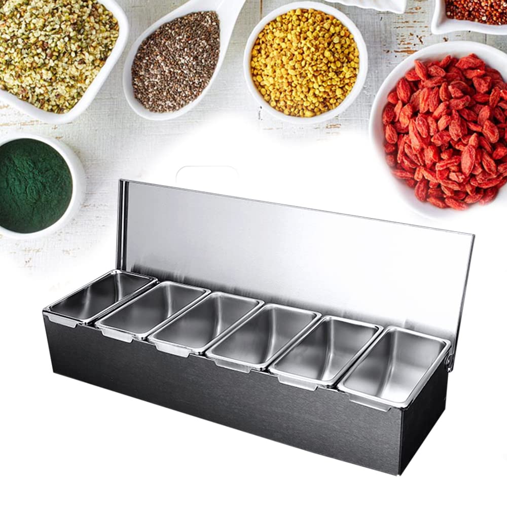 Stazione per pizza a 6 scomparti in acciaio inox con coperchio Erogatore di condimenti refrigerato riutilizzabile contenitore per condimenti per ristoranti catering e feste 45,5 x 15 x 9 cm