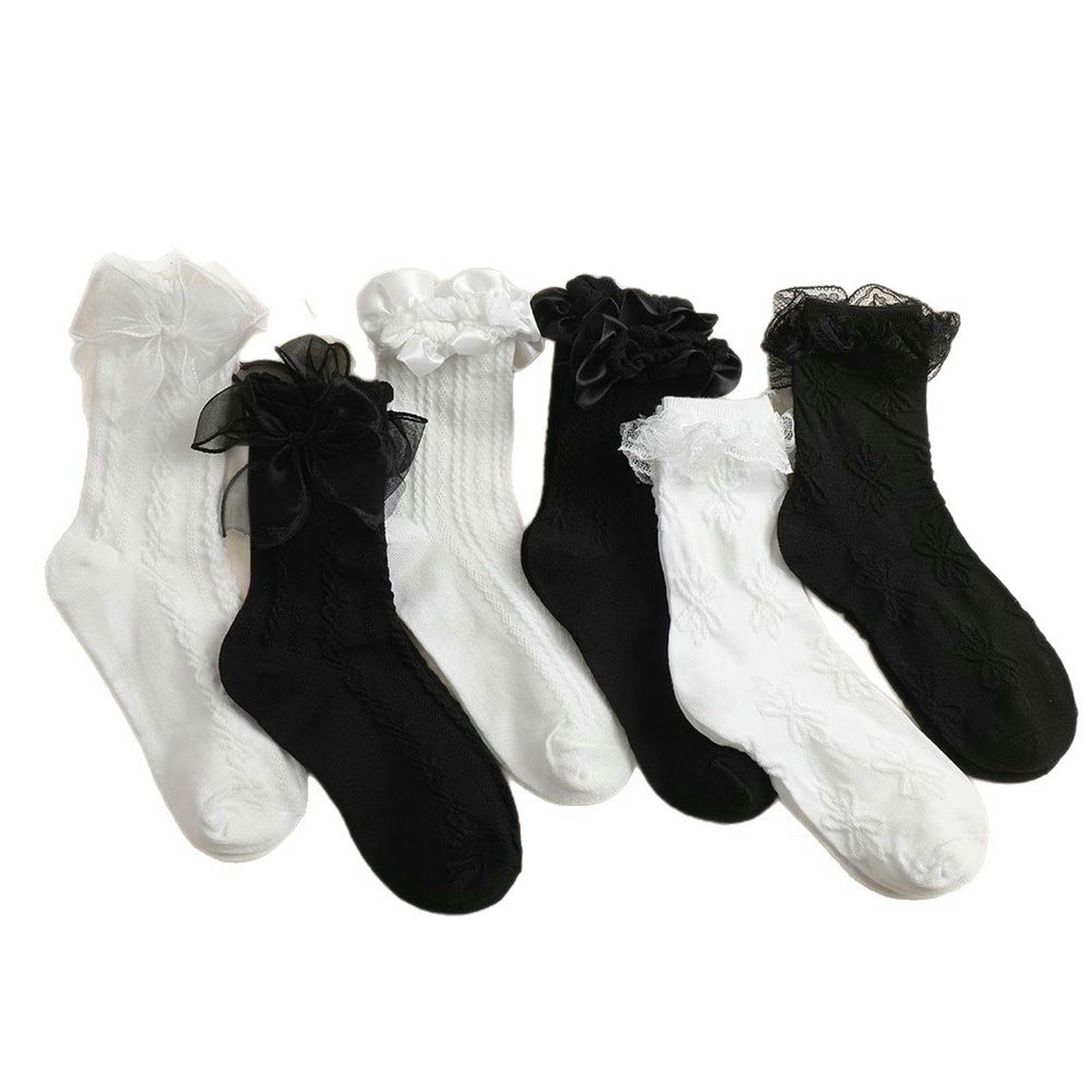 Calcetines de invierno para mujer con encaje y lazo dulce pack de 6 pares talla única moda