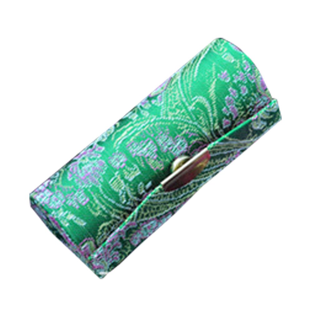 Luxury Silk Floral Embroidery Lady Lipstick Lip Chap Stick Makeup Case Box Travel Lipstick jewelry Boxes With Mirror Portable Receiving Box Button (Green)