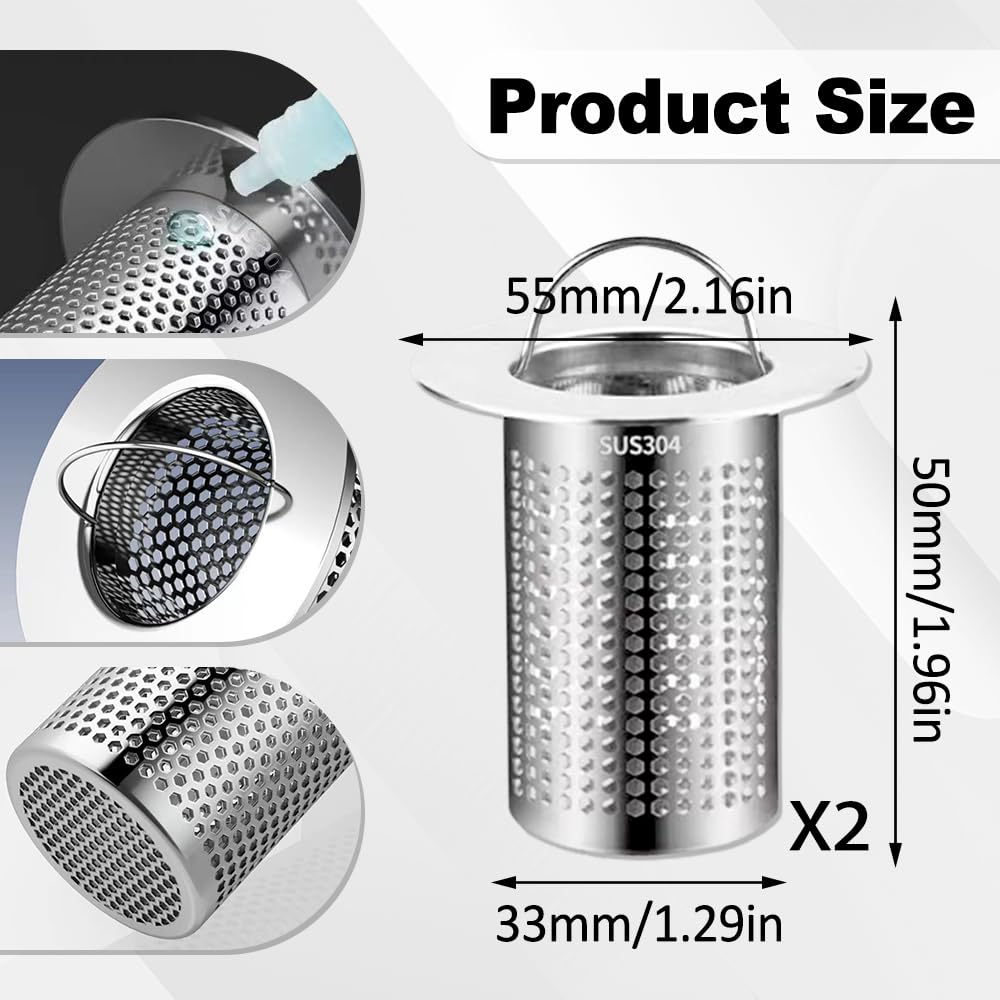 Hocadrv 2 Pièce Attrape Cheveux Douche avec Poignée 33 × 50 mm Filtre Cheveux Douche Acier Inoxydable Filtre Lavabo pour Cuisines Salles de Bains Balcons (Argent