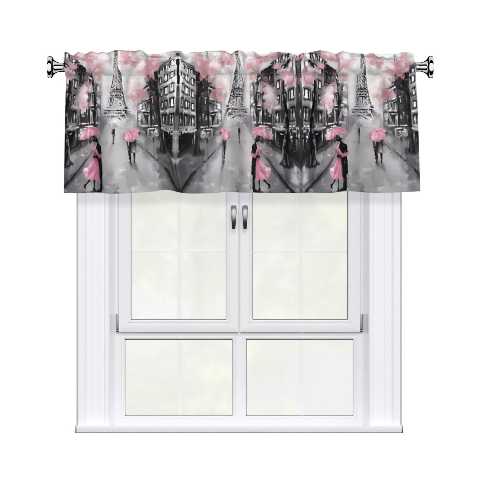 WHJDPP Paris Street Eiffel Tower Pink Floral Prints Curtain Valance 54x18 Inch - Peach Skin Window Cover with Printed Design, Filtering Light for Kitchen Decor