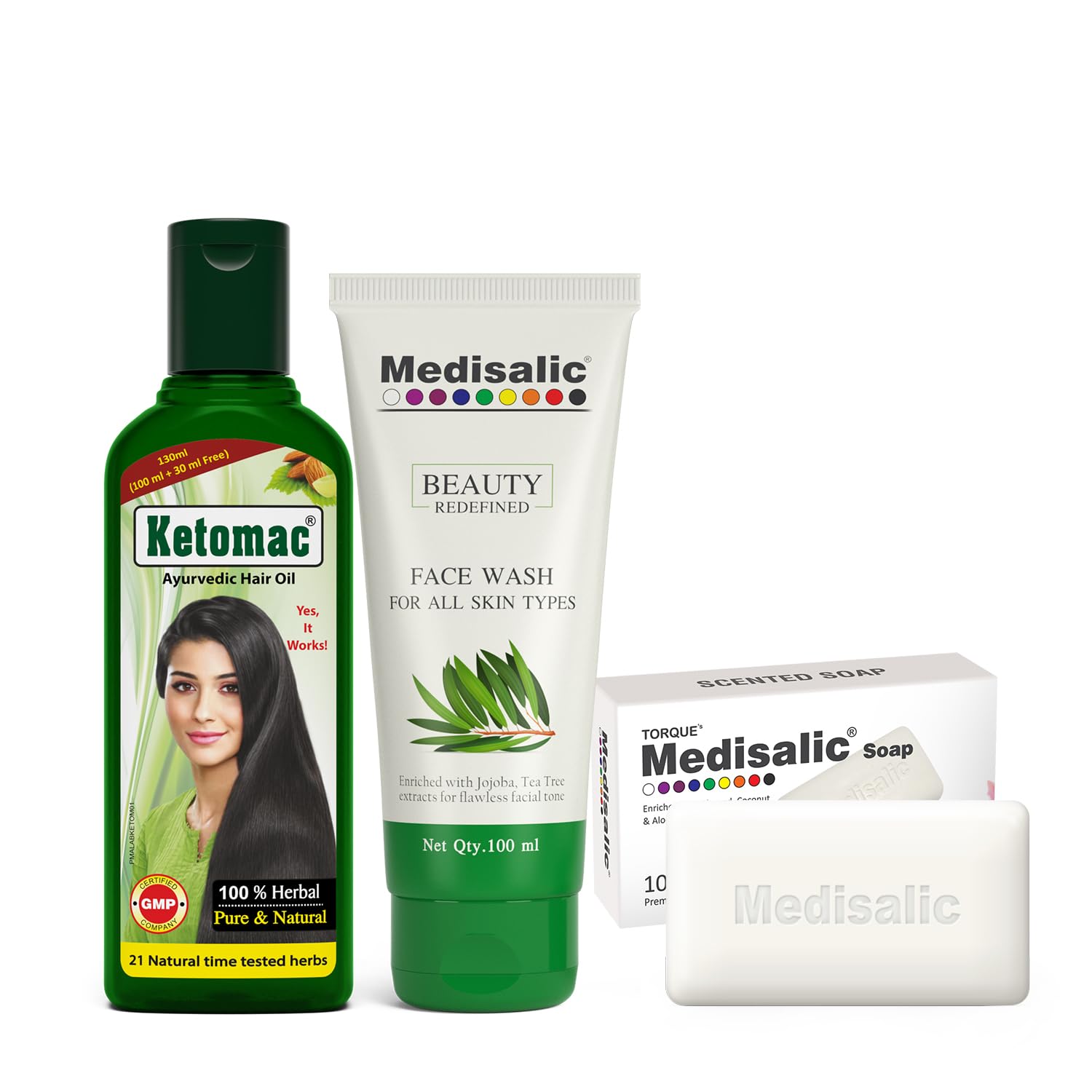 Ketomac Ayurvedic Hair Oil 100ml + Medisalic Tea Tree Face Wash 100ml + Medisalic Almond Bathing Soap