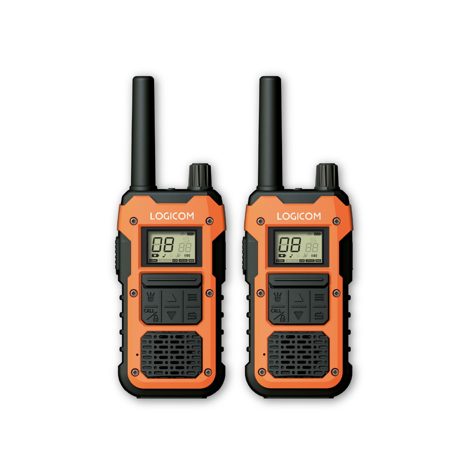 Logicom Extreme - Walkie-Talkie - PMR446 - Portata 10 km - Autonomia 36h - IP67-16 canali - Schermo LCD - USB-C Torcia - VOX Vivavoce - Audio Jack - Batteria 2000 mAh - Confezione da 2 radio
