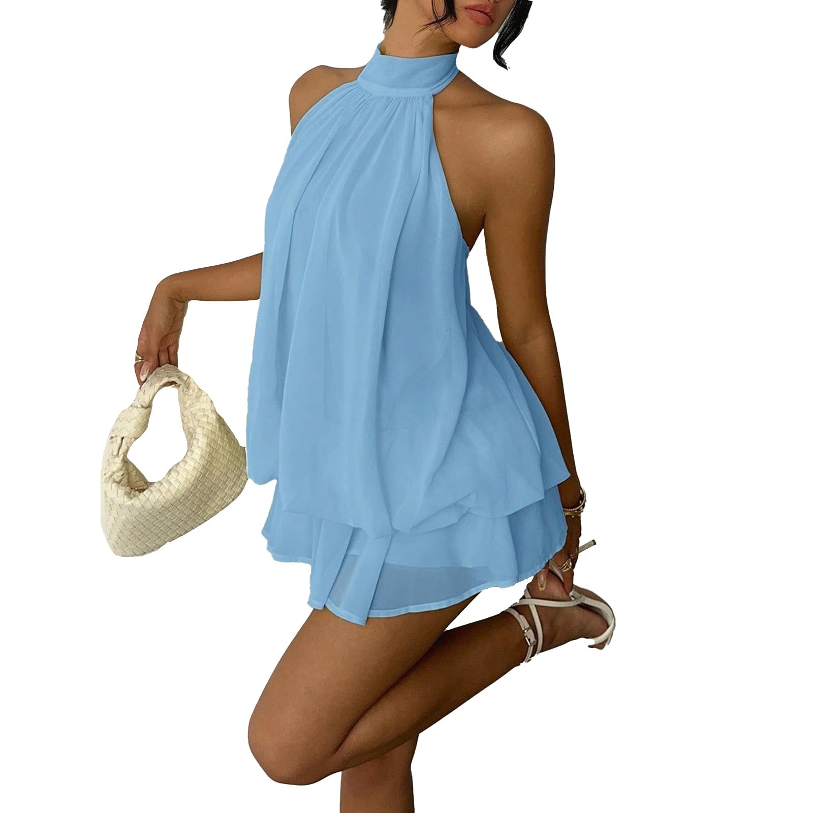 Vestido de cóctel de gasa para mujer, con cintura caída, sin mangas, espalda descubierta, vestido corto con volantes, vestido corto para el almuerzo