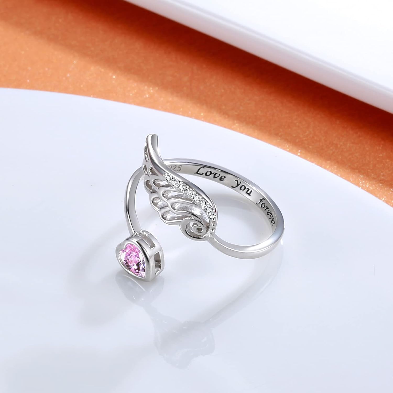 Birthstone Wing Rings Sterling Silver Adjustable Feather Heart Month Stone Wrap Ring Jewelry Gift for Women Engrave Love you forever