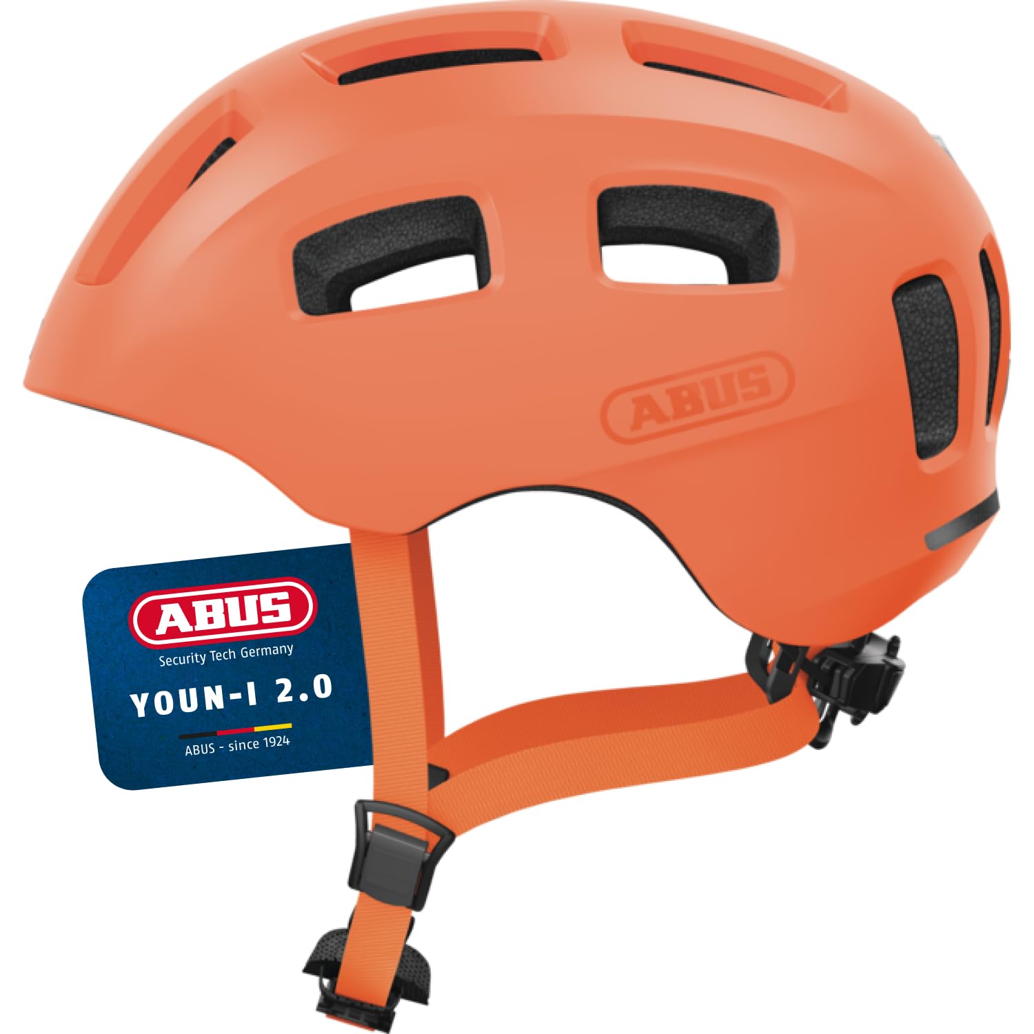 ABUS Casque Vélo Youn-I 2.0, mono orange, Taille M | Casque ville avec feu arrière LED, construction In-Mold, filet anti-insectes, ouverture queue-de-cheval